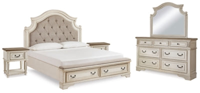 Cama King con paneles Realyn, tocador, espejo y dos mesitas de noche