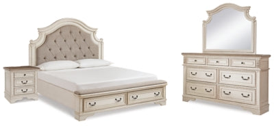 Cama tapizada Realyn King con paneles, tocador, espejo y mesita de noche