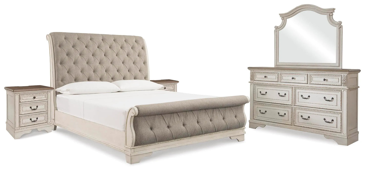 Cama tipo trineo tapizada Realyn King, tocador, espejo y dos mesitas de noche