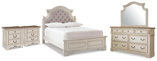 Realyn Full Upholstered Panel Bed, Dresser, Mirror and 2 Nightstands