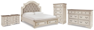 Cama King con almacenaje, cómoda, arcón y dos mesitas de noche Realyn