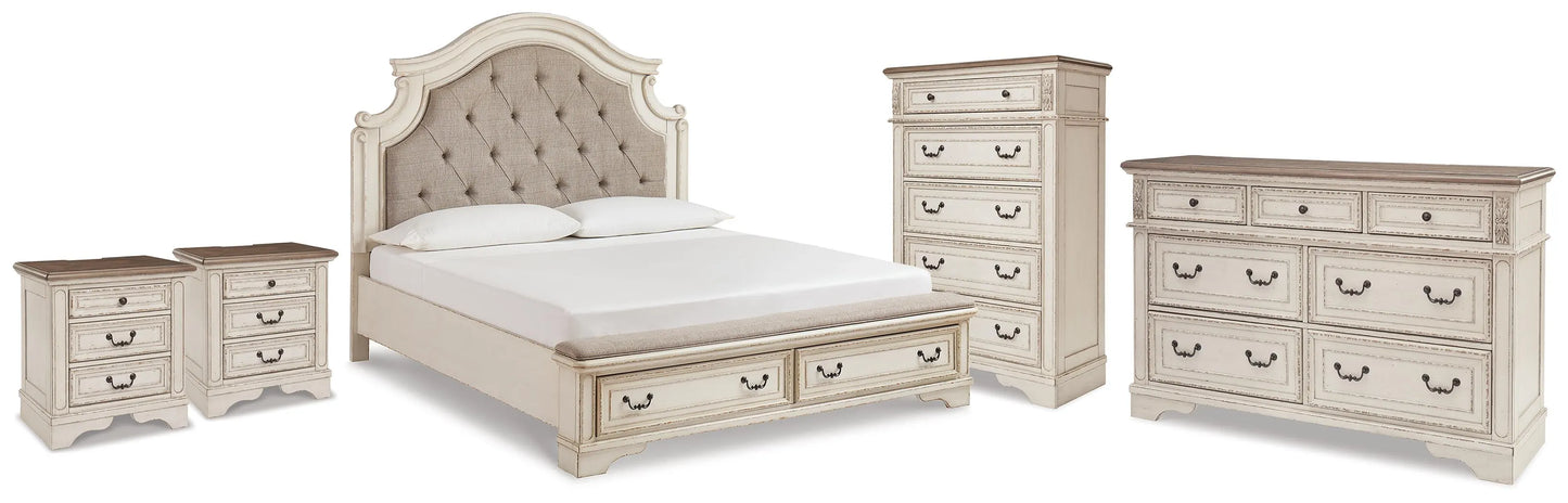 Cama King con almacenaje, cómoda, arcón y dos mesitas de noche Realyn