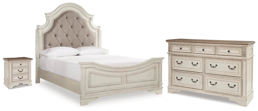 Realyn Queen Upholstered Panel Bed, Dresser and Nightstand