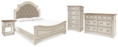 Cama, cómoda, arcón y mesita de noche tapizadas Realyn King