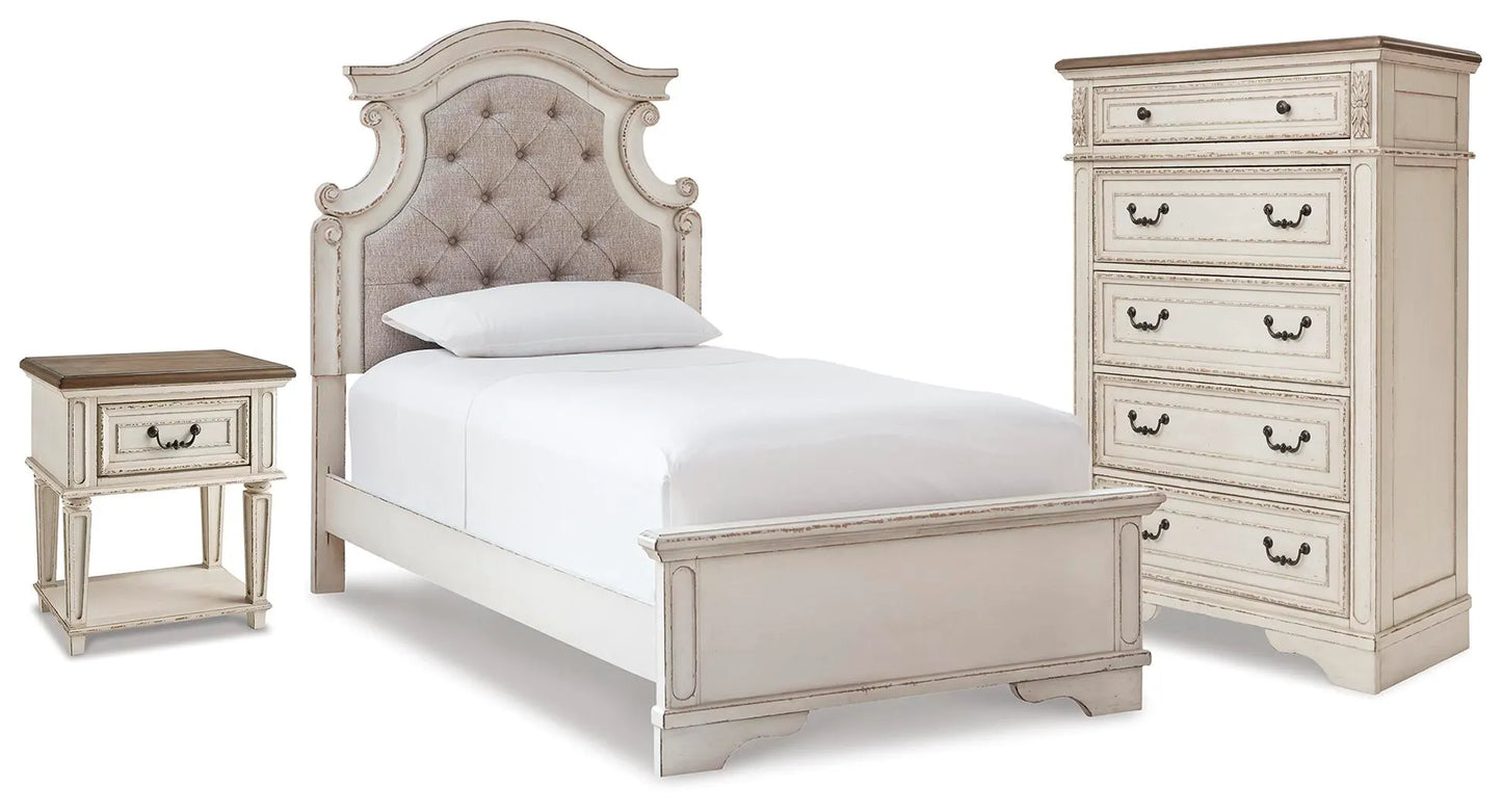Realyn Twin Panel Bed, Chest and Nightstand