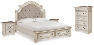 Cama King con almacenaje, cómoda y dos mesitas de noche Realyn