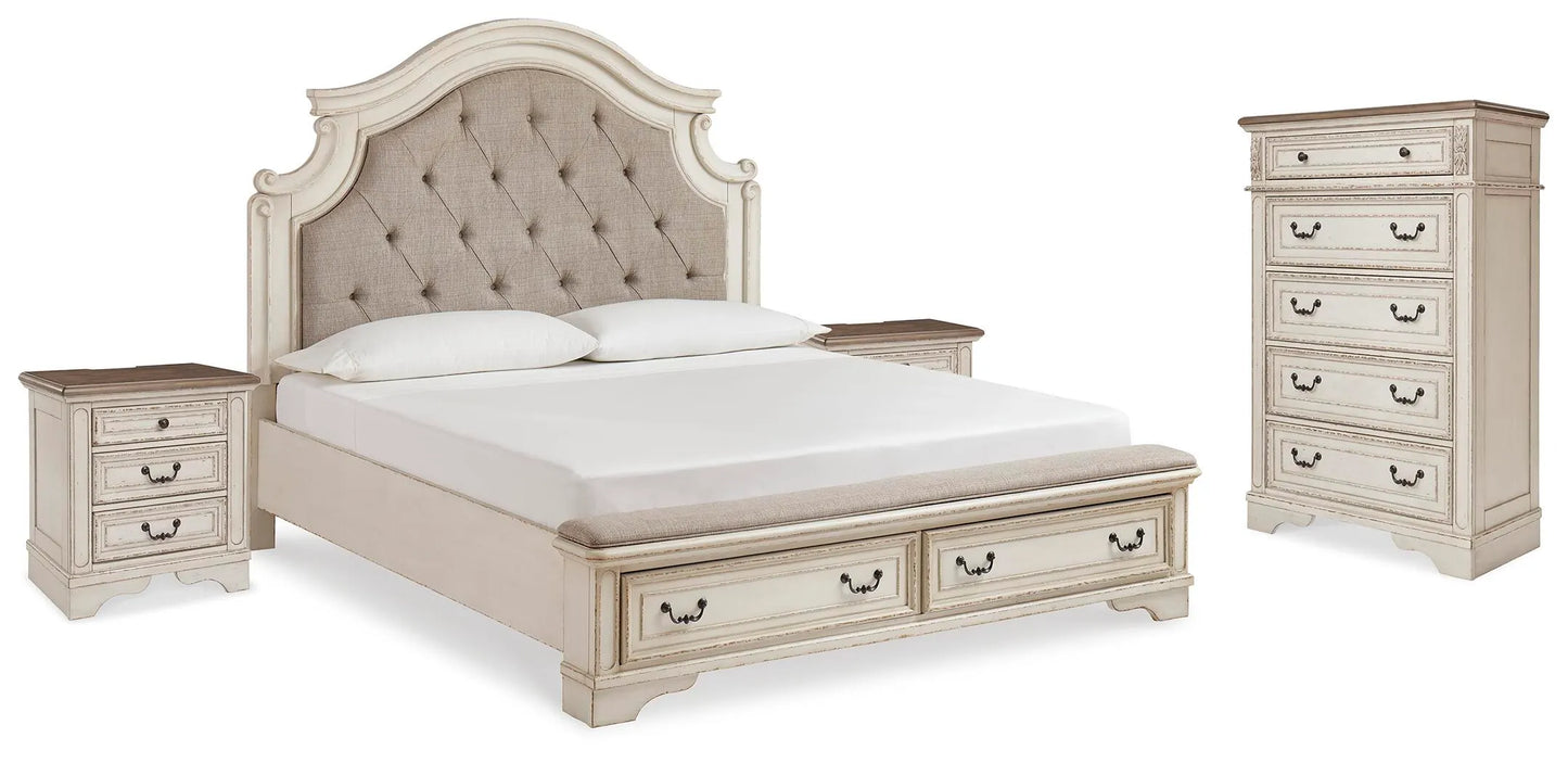 Cama King con almacenaje, cómoda y dos mesitas de noche Realyn