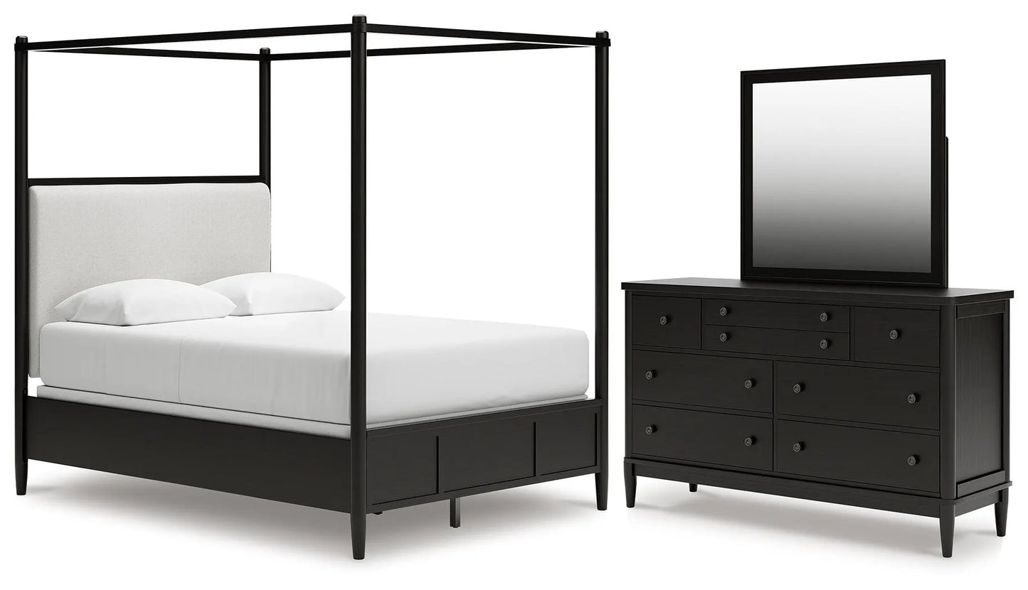 Portdown Queen Upholstered Poster Bed, Dresser and Mirror
