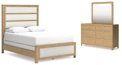 Cama Queen tapizada Rencott, tocador y espejo
