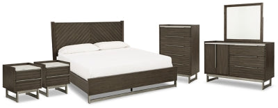 Cama Arkenton King con paneles, tocador, espejo, cómoda y dos mesitas de noche
