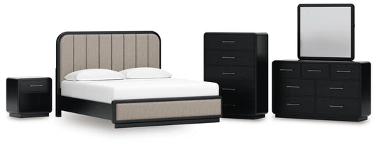 Rowanbeck King Panel Bed, Dresser, Mirror, Chest and Nightstand