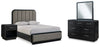 Rowanbeck Queen Upholstered Panel Bed, Dresser, Mirror and Nightstand