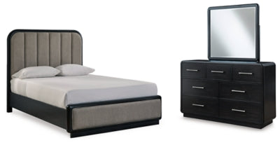 Cama Queen con paneles tapizados, tocador y espejo Rowanbeck