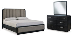Cama King con paneles tapizados, tocador y espejo Rowanbeck