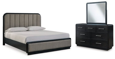 Cama tapizada con paneles, tocador y espejo Rowanbeck California King