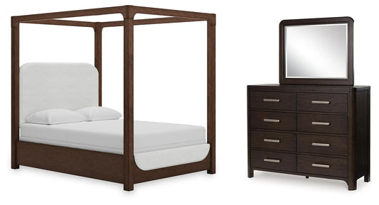 Breckington Queen Upholstered Canopy Bed, Dresser and Mirror