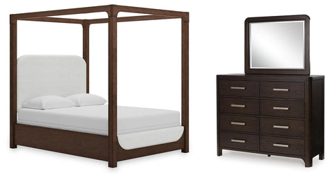 Breckington Queen Upholstered Canopy Bed, Dresser and Mirror