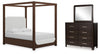 Breckington Queen Upholstered Canopy Bed, Dresser and Mirror
