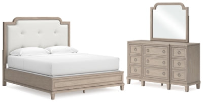 Jorlaina King Upholstered Panel Bed, Dresser and Mirror