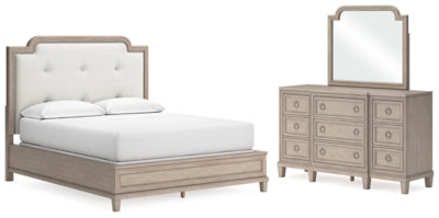 Jorlaina California King Upholstered Panel Bed, Dresser and Mirror