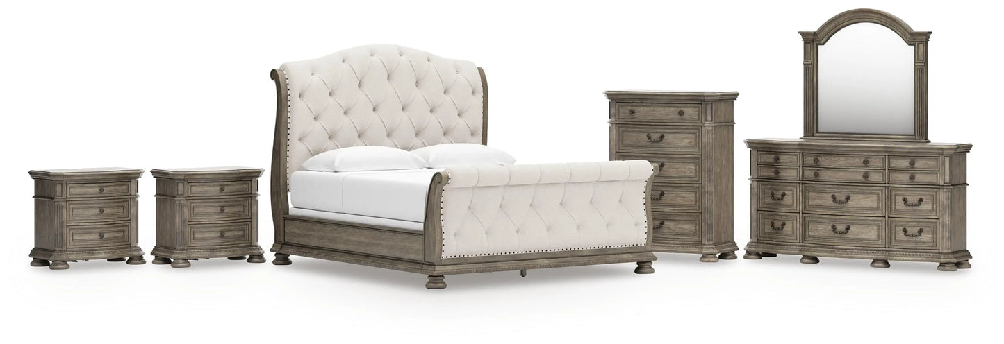 Ardenfield King Upholstered Sleigh Bed, Dresser, Mirror, Chest and 2 Nightstands