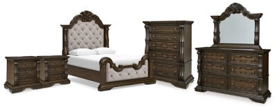 Cama Queen Maylee con paneles, tocador, espejo, cómoda y dos mesitas de noche
