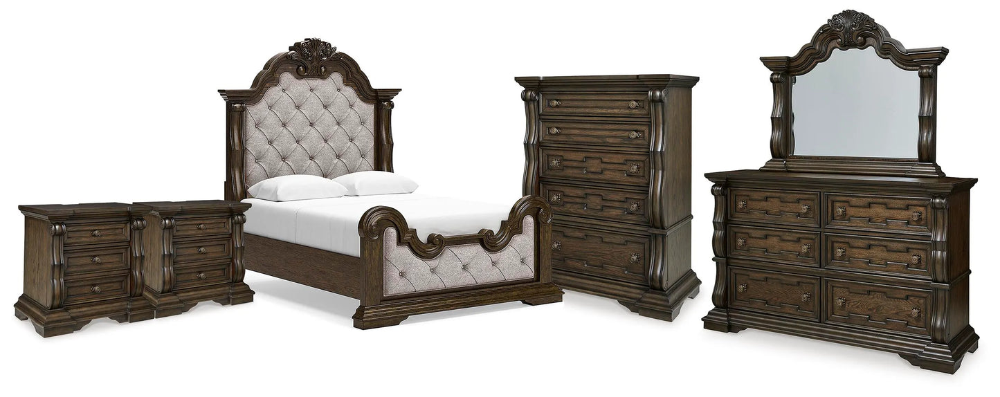 Cama Queen Maylee con paneles, tocador, espejo, cómoda y dos mesitas de noche