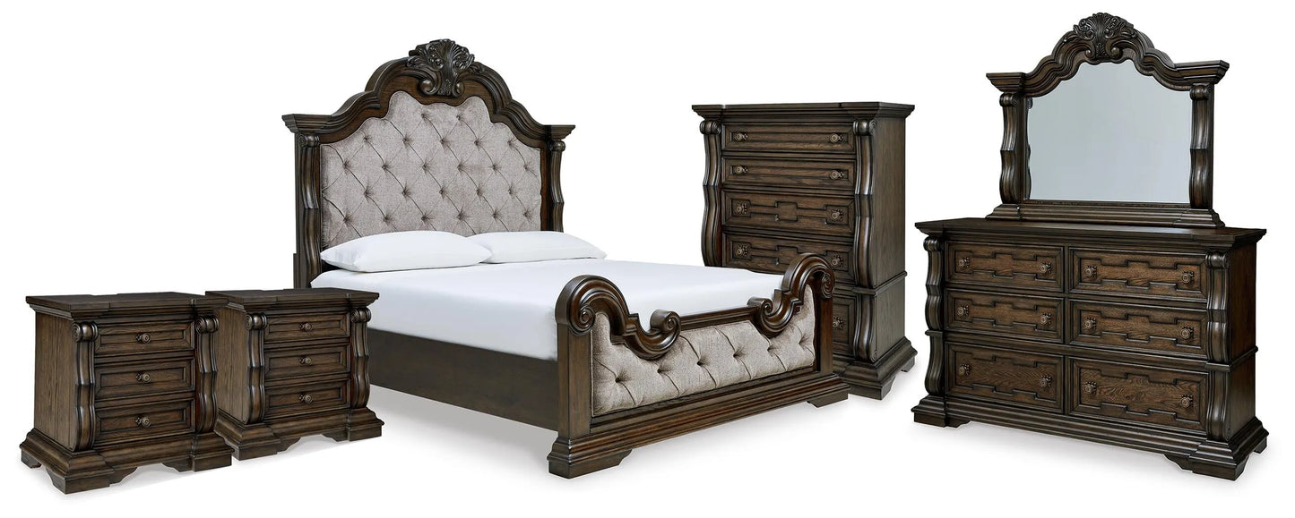 Cama King tapizada Maylee, tocador, espejo, cómoda y dos mesitas de noche
