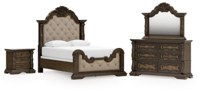 Cama Queen tapizada Maylee con paneles, tocador, espejo y mesita de noche