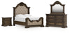 Cama Queen tapizada Maylee con paneles, tocador, espejo y mesita de noche