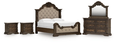 Cama King tapizada Maylee, cómoda, espejo y dos mesitas de noche