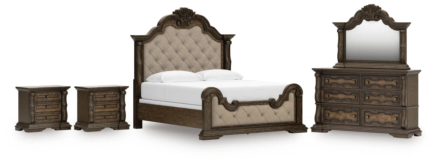 Cama King tapizada Maylee, cómoda, espejo y dos mesitas de noche