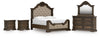 Cama King tapizada Maylee, cómoda, espejo y dos mesitas de noche