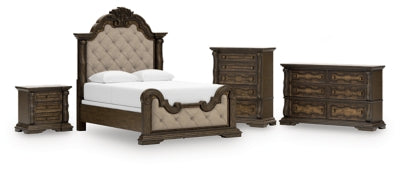 Cama Queen tapizada Maylee, cómoda, arcón y mesita de noche
