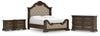 Cama King tapizada Maylee, cómoda y dos mesitas de noche