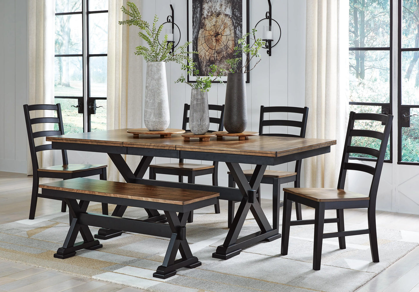 Mesa de comedor Wildenauer, 4 sillas y banco