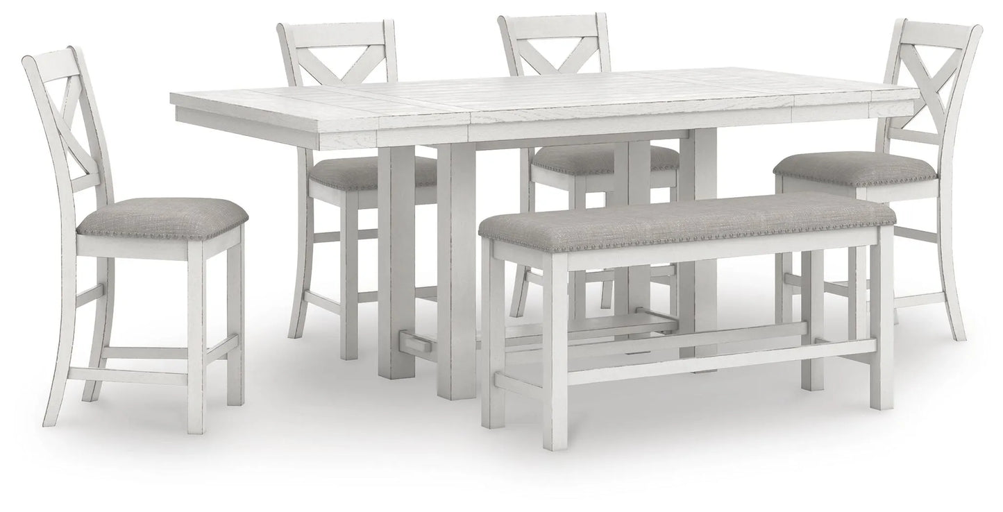 Mesa de comedor Robbinsdale de altura de mostrador, 4 taburetes y banco