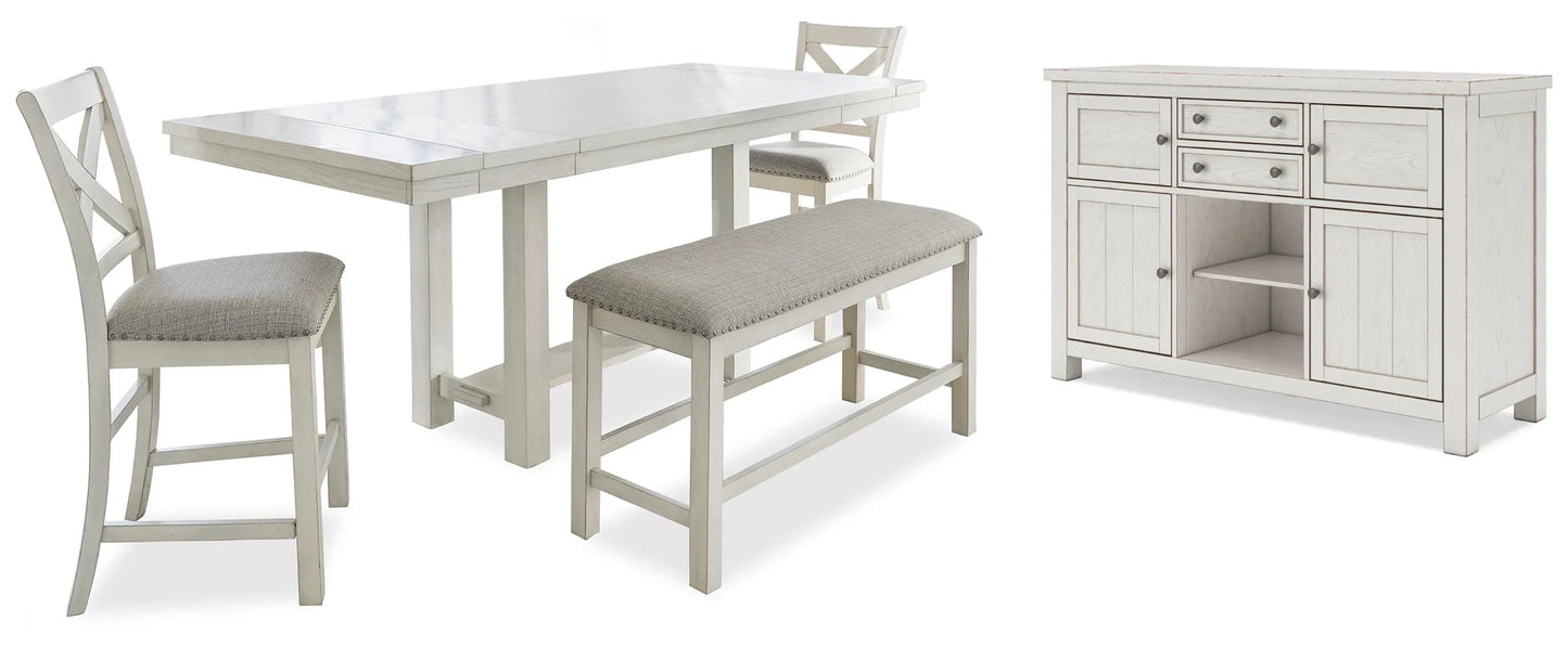Mesa de comedor Robbinsdale de altura de mostrador, 2 taburetes, banco y servidor