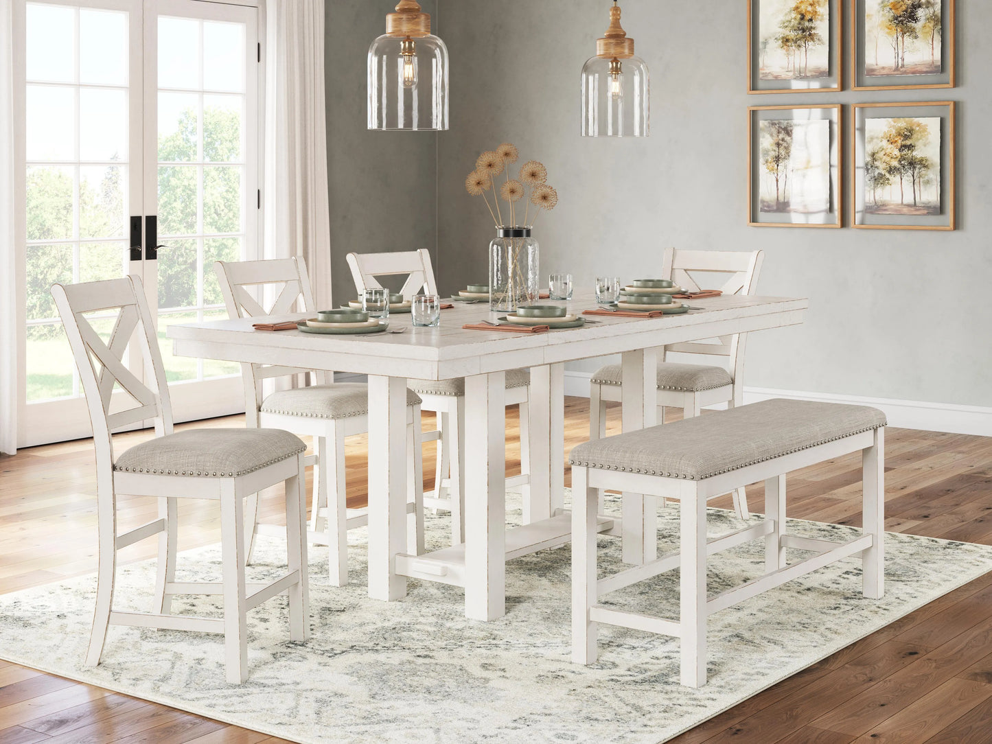 Mesa de comedor Robbinsdale de altura de mostrador, 4 taburetes y banco
