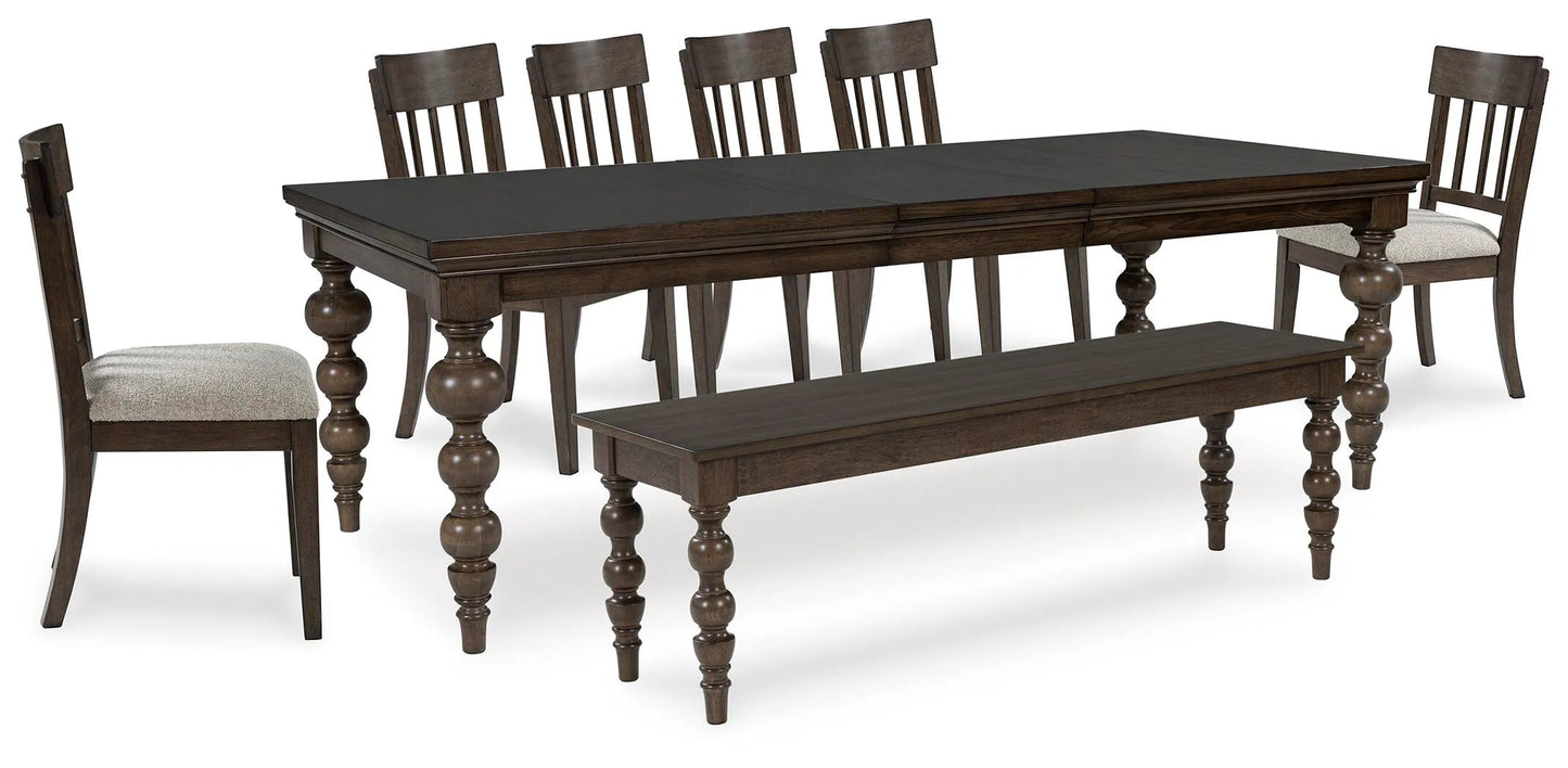 Mesa de comedor Veramond, 6 sillas y banco