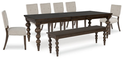 Mesa de comedor Veramond, 6 sillas y banco
