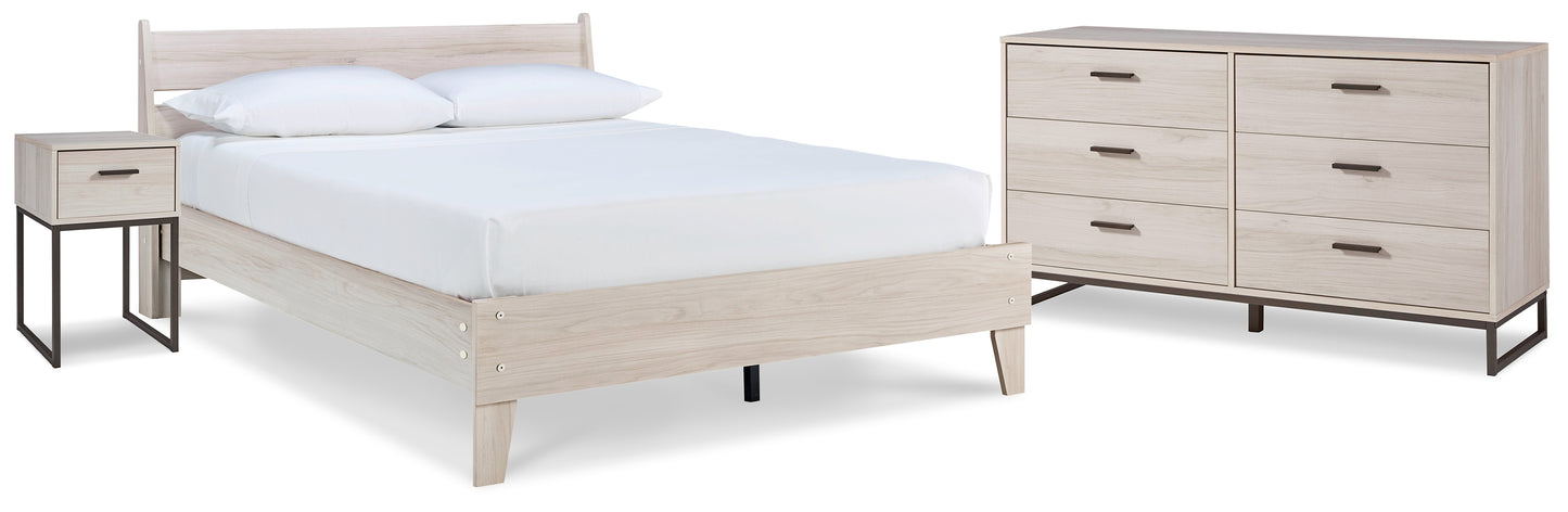 Cama Queen con plataforma y paneles Socalle, cómoda y mesita de noche