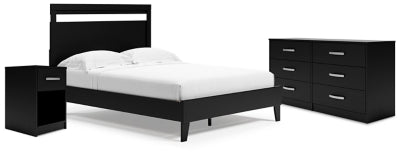 Cama Queen con plataforma y paneles Finch, cómoda y mesita de noche