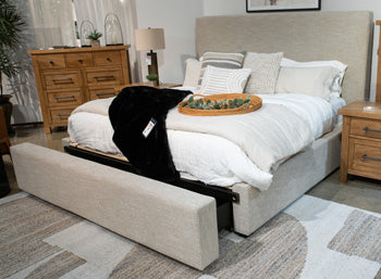 Cabecera tapizada Queen Kristiland/pie de cama con almacenamiento/listones enrollables
